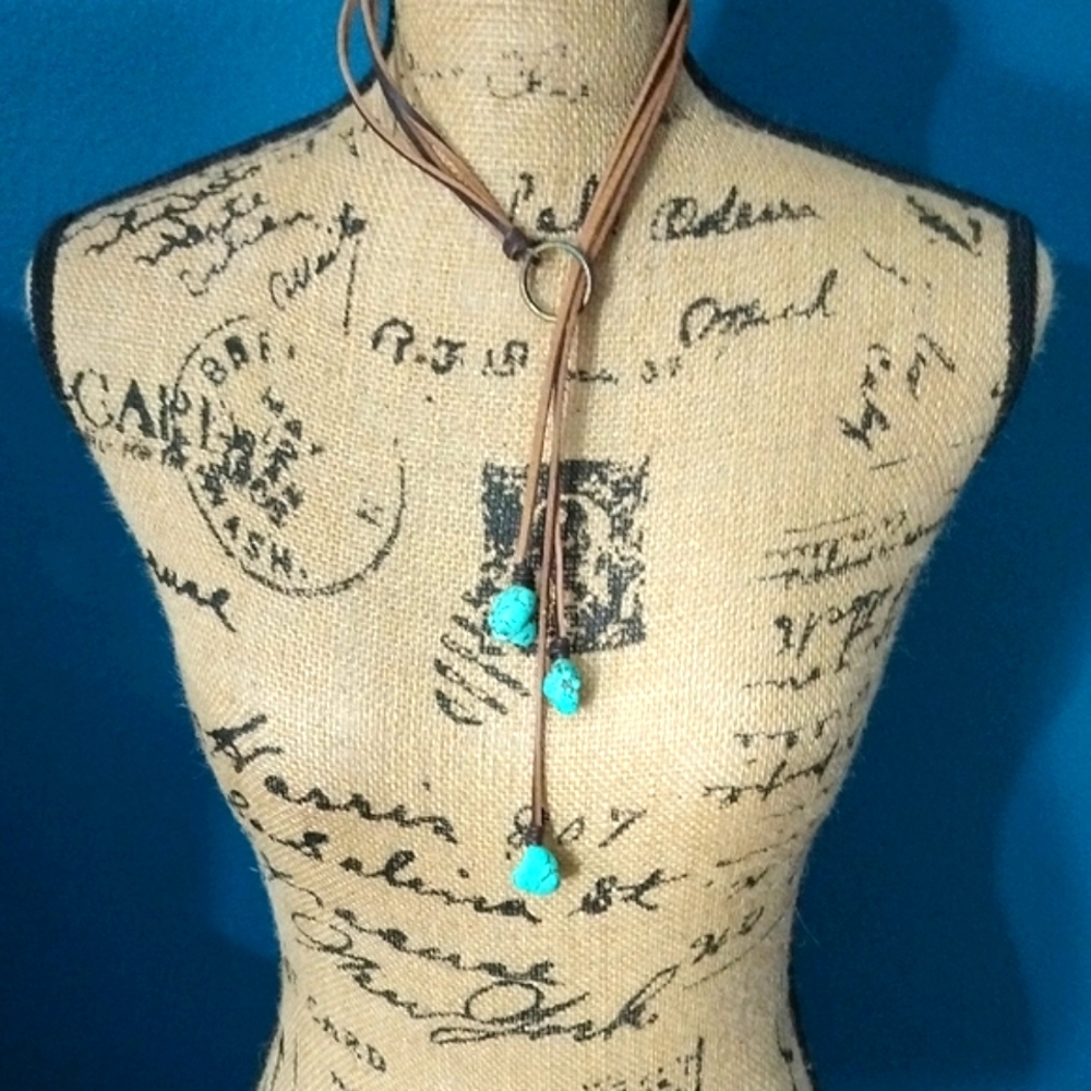 Bohemian Synthetic Cut Turquoise Necklace  Leather Necklace